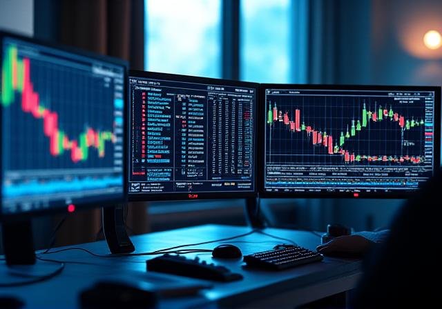 Professional trader analyzing financial markets on multiple screens