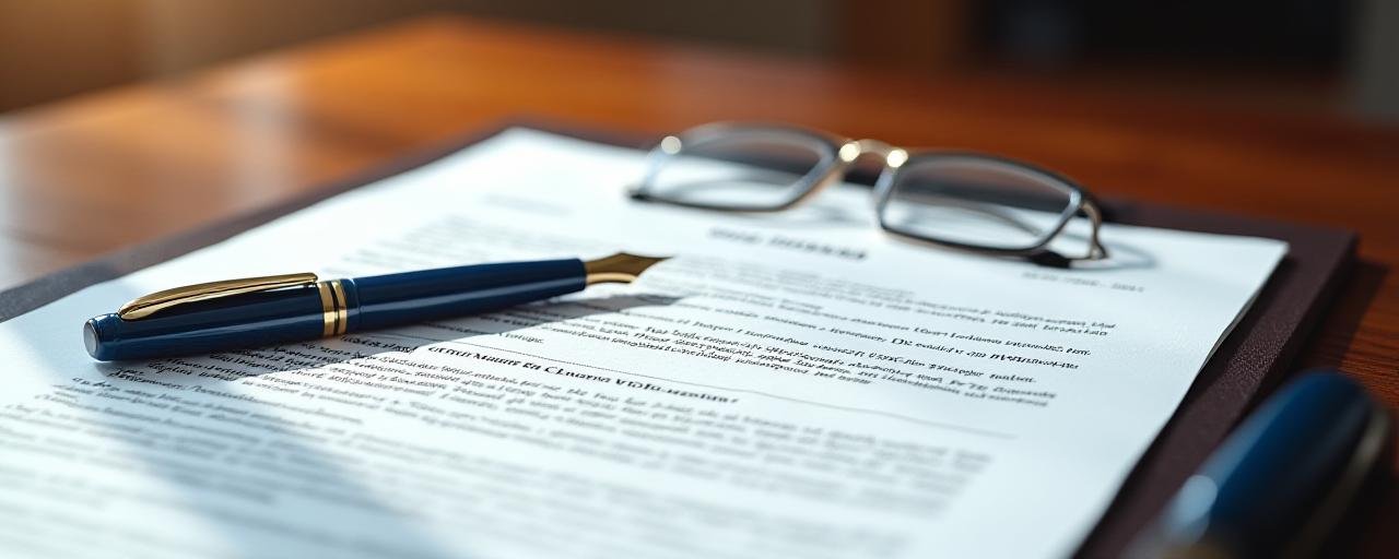Close up of a financial contract and a pen on a mahogany desk